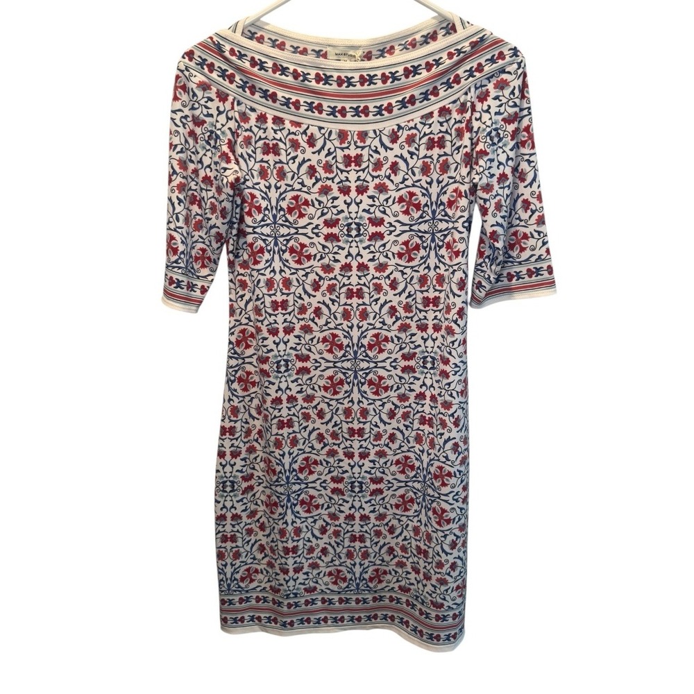 Max Studio Womens White Red Blue Floral Sheath Boat Neck Dress M NEW Travel Chic
